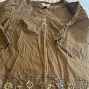 Talbots Brown and Blue Embroidered Top